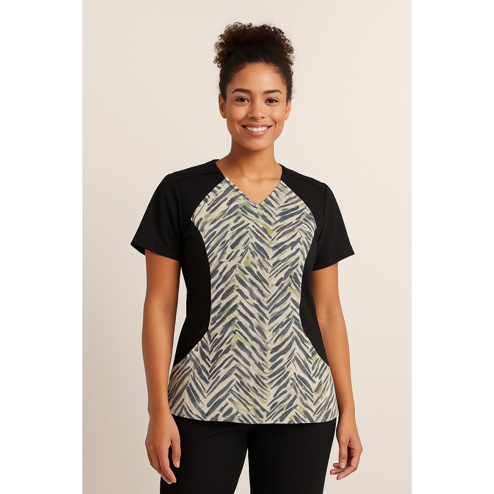 Baby Phat Kimora Lee Simmons Zebra Print Scrub Top Black Grey Green V-Neck 26975
